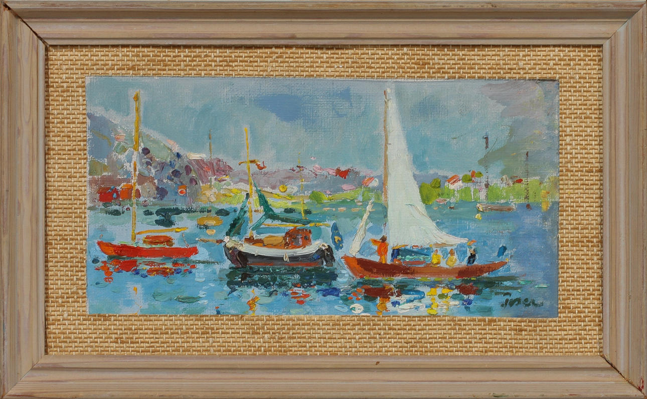 MARTIN POSER. Kustbild med segelbåtar, olja på duk,uppfodrad, signerad.