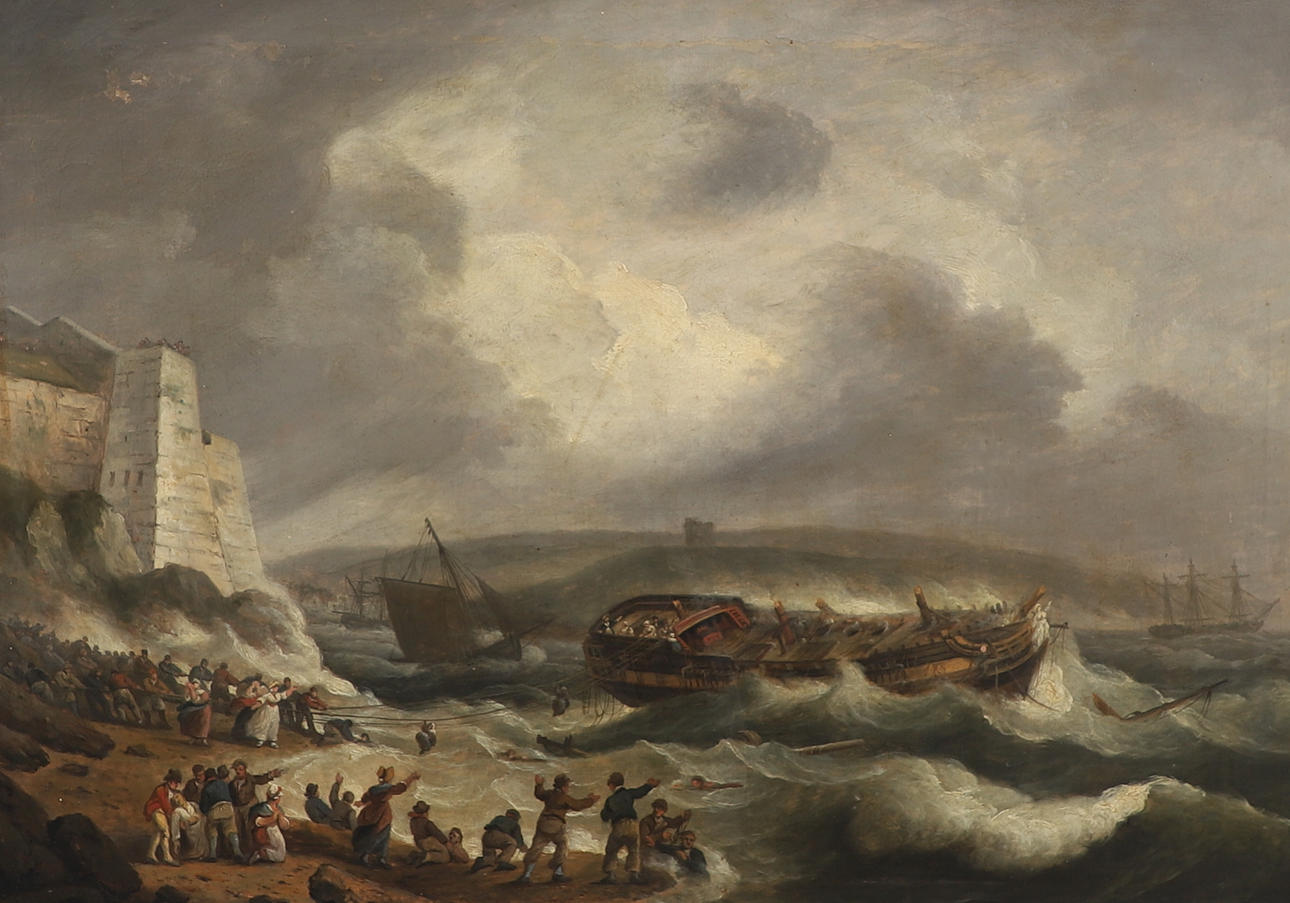 THOMAS LUNY (1759-1837). THE WRECK OF THE EAST INDIAMAN `DUTTON` AT PLYMOUTH SOUND, JANUARY 26th 1796.