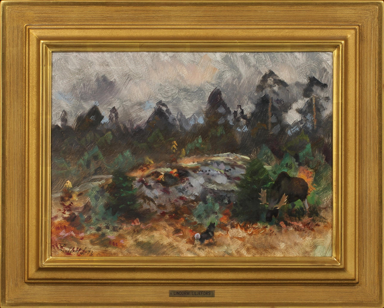 LINDORM LILJEFORS. Älg och hund, olja på pannå, signerad och daterad 73.