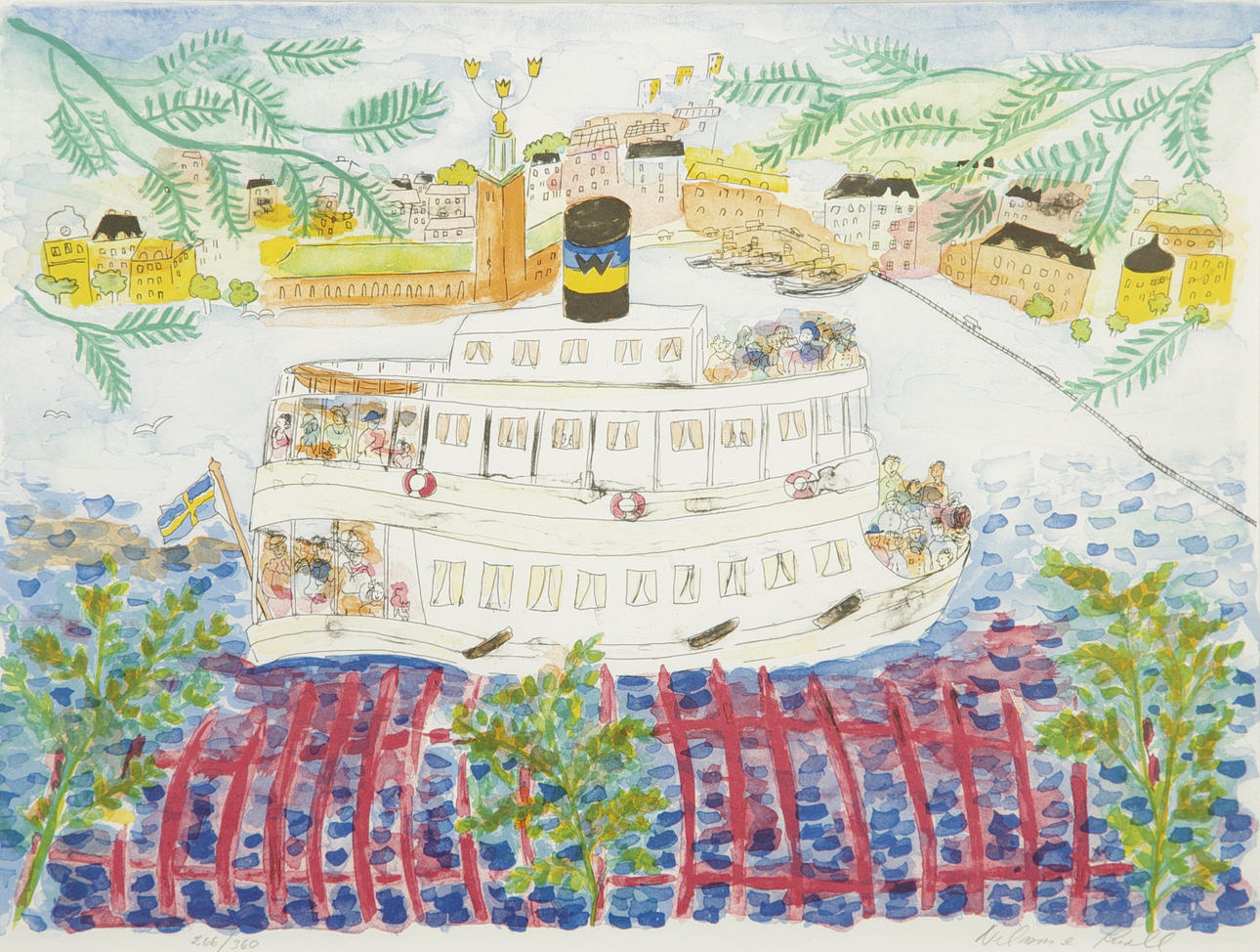 CHRISTINA KNALL. Vaxholmsbåt i Stockholm, färglitografi, signerad.