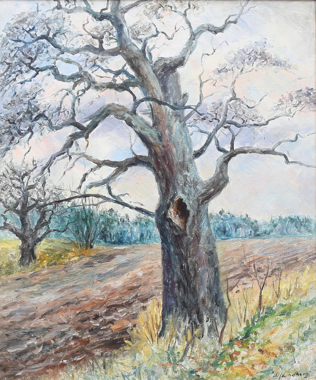 ULF LINDBERG. Oil on canvas, tree trunk in field, signed.