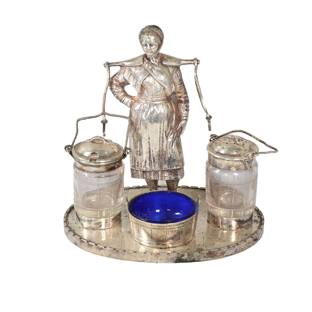 A NOVELTY SILVER PLATED FIGURAL CRUET SET.