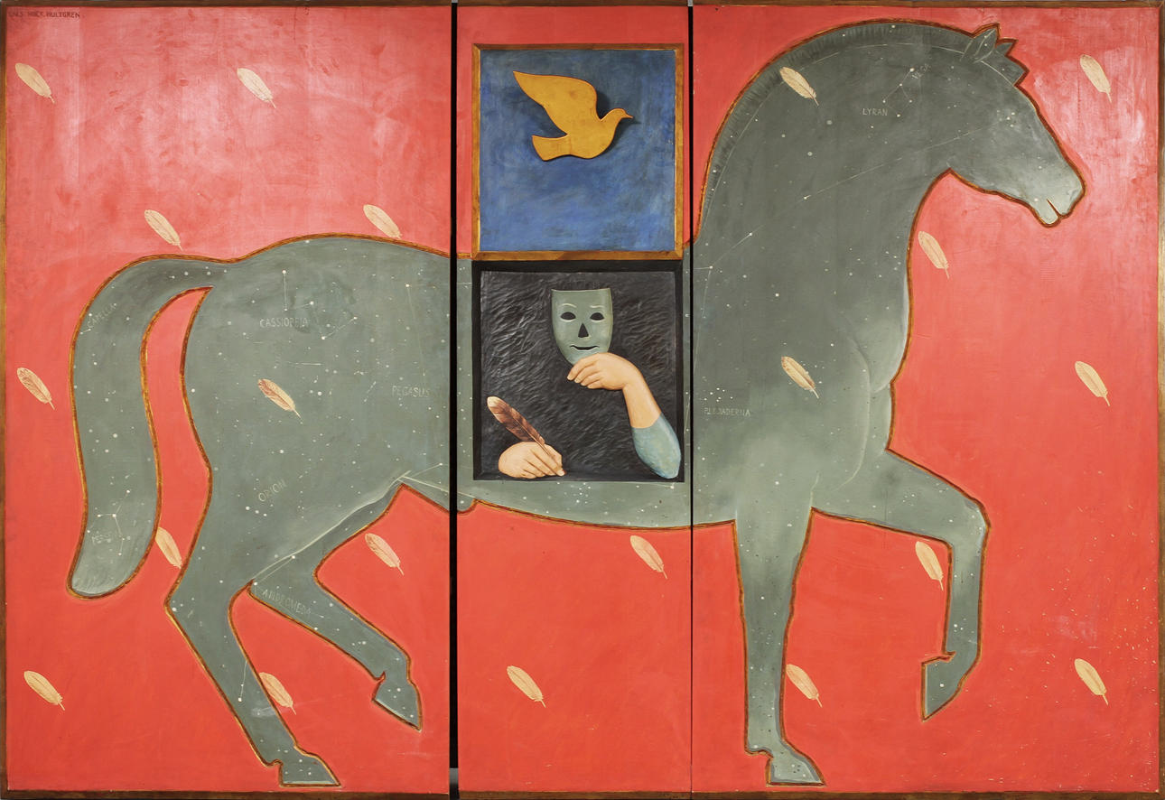 LARS HUCK HULTGREN. Väggrelief, komposition med häst och stjärntecken. Skuret och bemålat trä, signerad.