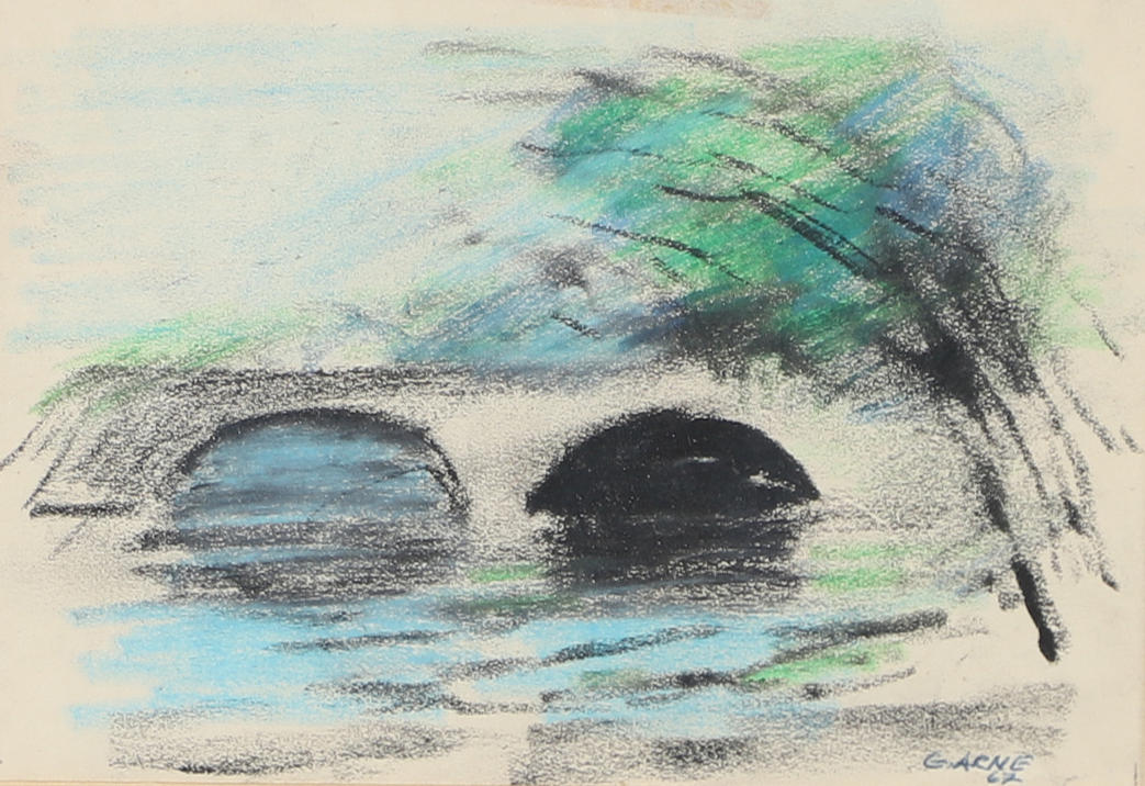 GUSTAV ARNE. Landscape with bridge, drawing, signed Arne -67.