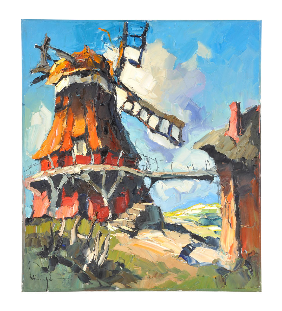 SIGNIERT. Pasty intryck av en väderkvarn med en gård, uttrycksfull färgpalett.