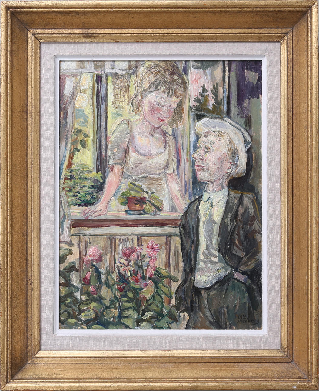 OLLE NORDBERG. Förtroligt samtal, olja på pannå, signerad -53, 1953.