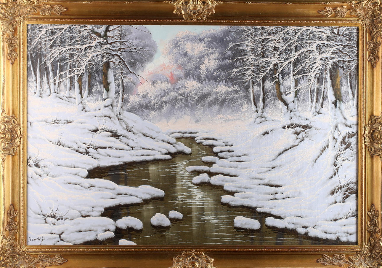 JÓSEF DANDE. Vinterlandskap med bäck, olja på duk, signerad.