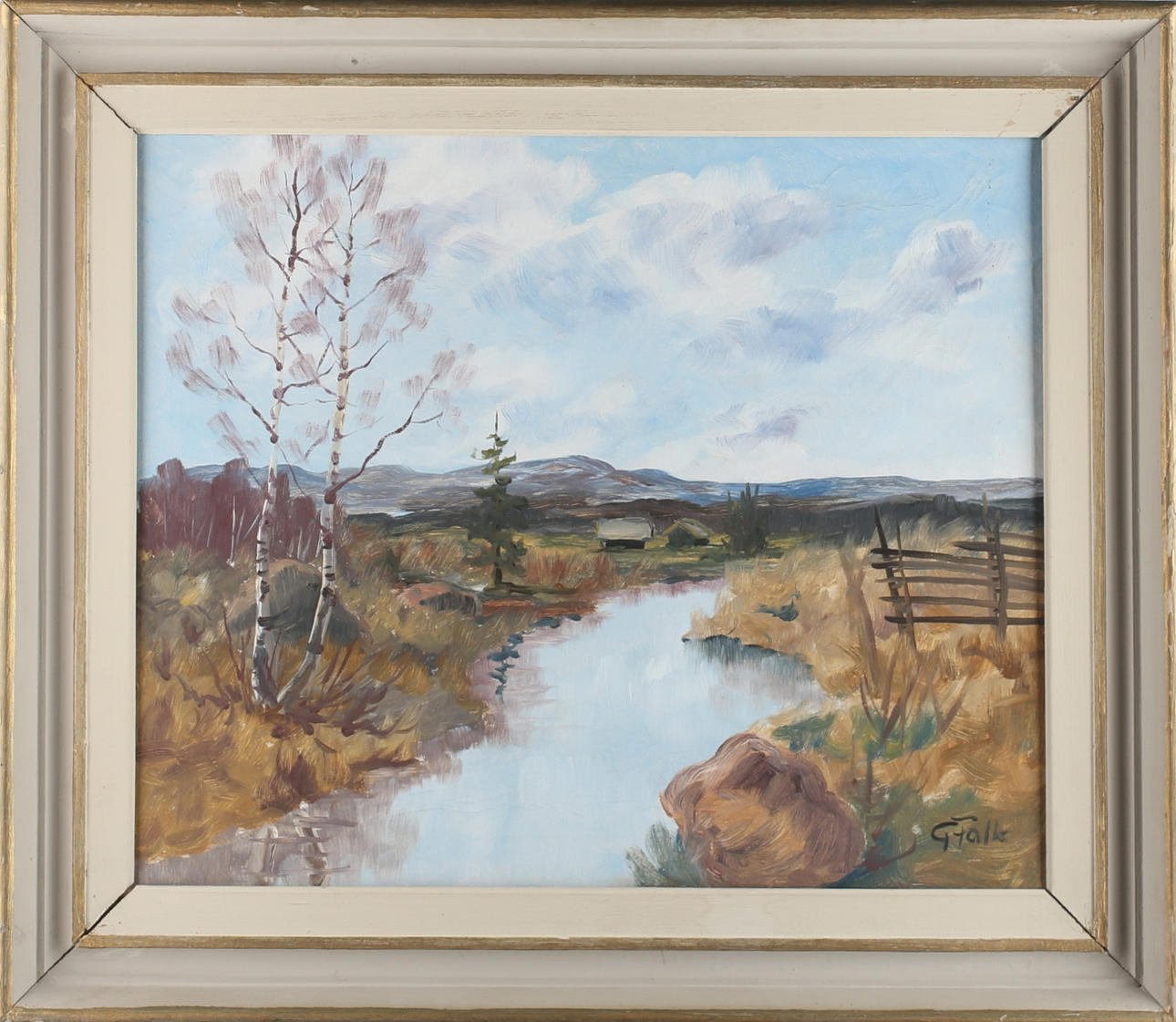 OIDENTIFIERAD KONSTNÄR. Landsbygd, olja på duk, signerad G Falk.