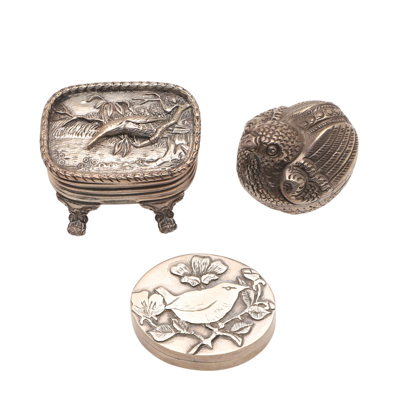 THREE BIRD RELATED SILVER PILL BOXES.