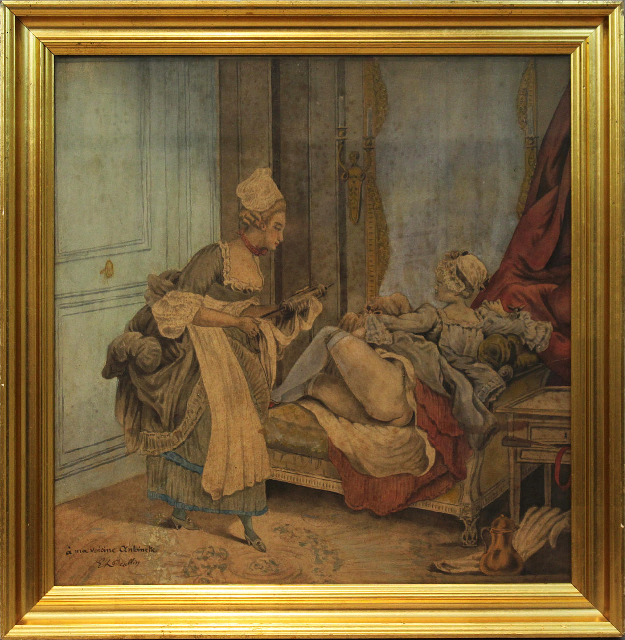 OIDENTIFIERAD KONSTNÄR. "á ma voisine olntoinette". Pastell. Signerad E Leullin. Frankrike 1800-tal.