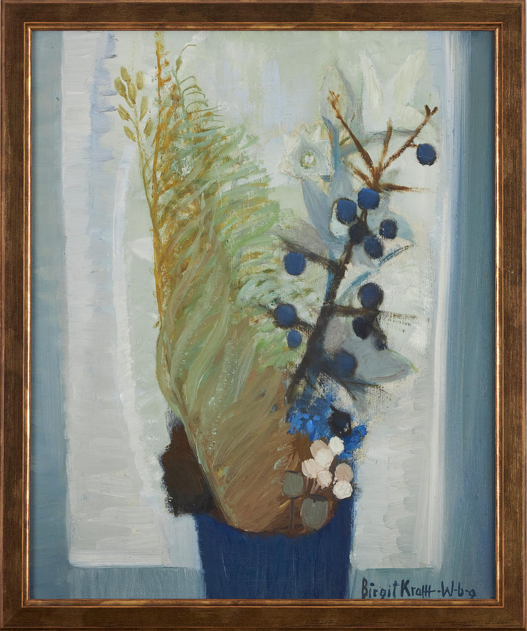 BIRGIT KRAFFT-WESTERBERG. Blumenstillleben, Öl auf Tafel, signiert.