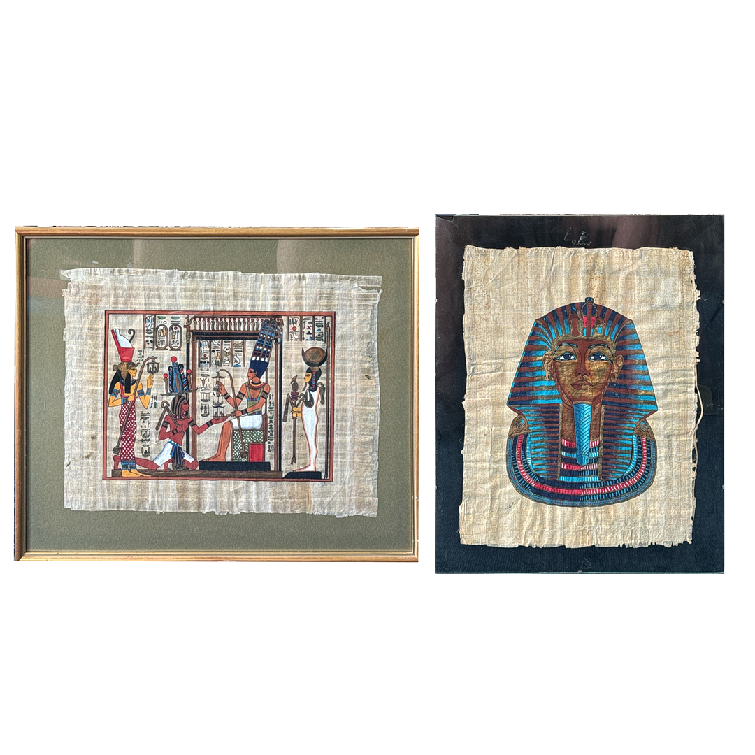 TVÅ EGYPTISKA MÅLNINGAR PÅ PAPYRUS.