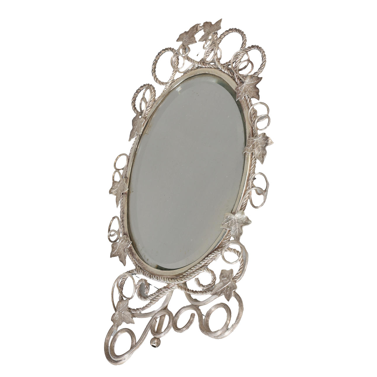 A WHITE METAL EASEL DRESSING TABLE MIRROR.