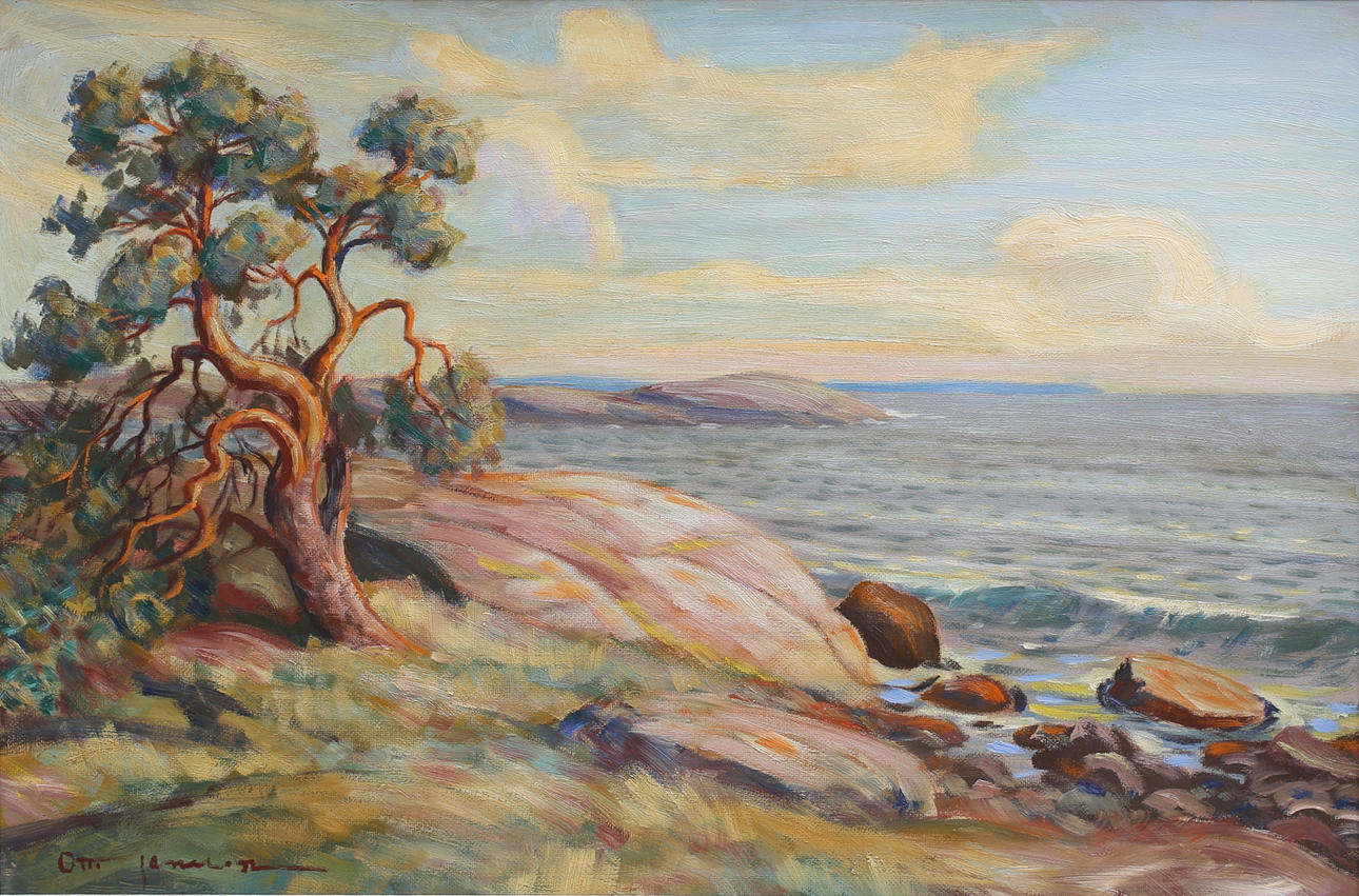 OTTO JANSSON. Skärgårdsmotiv, Kråkelund. Olja på pannå, signerad.