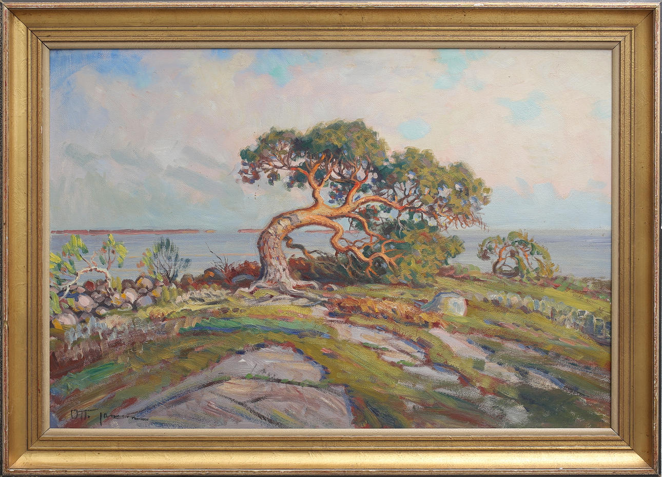 OTTO JANSSON. Vindpinad tall i skärgård. Olja på pannå, signerad.