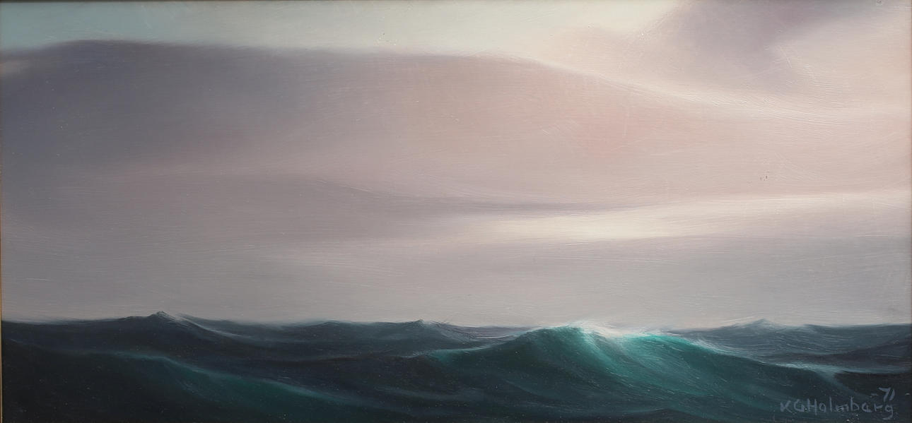 KARL GUSTAV HOLMBERG. Nordsjön i skymning. Olja på pannå, signerad K G Holmberg, daterad -71.
