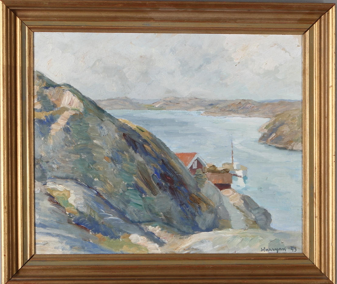 HARRY HARRYAN ANDERSSON. "Klippig kust", olja på pannå, signerad och daterad 43.