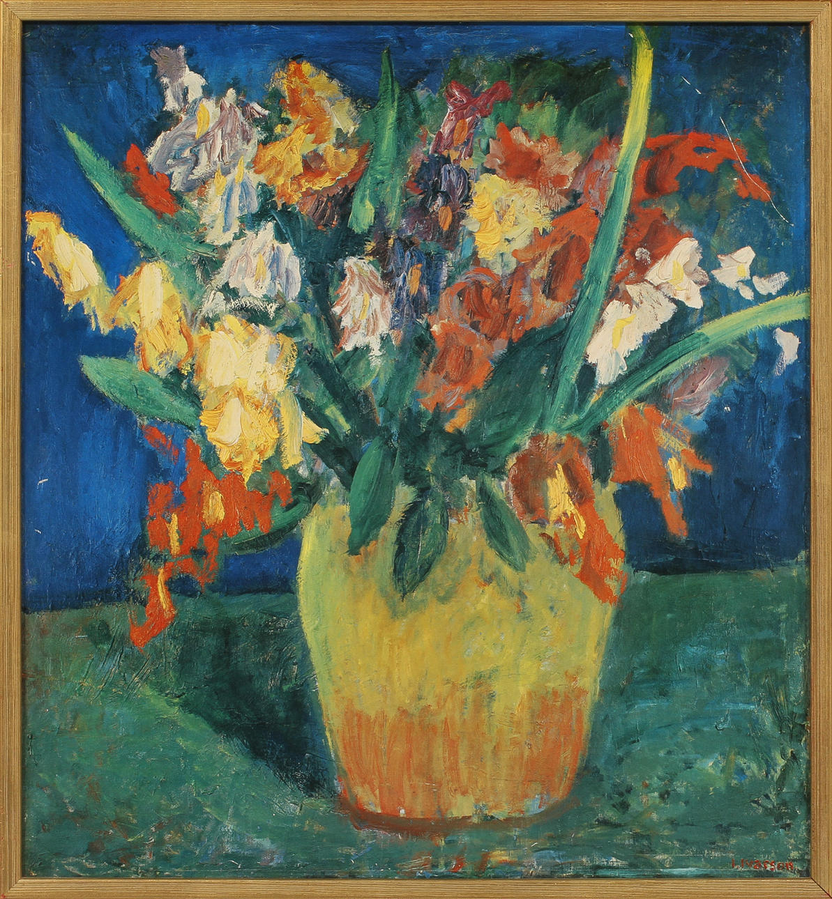 TAVLA, Blommor i kruka, litografiskt tryck efter Ivan Ivarsson.