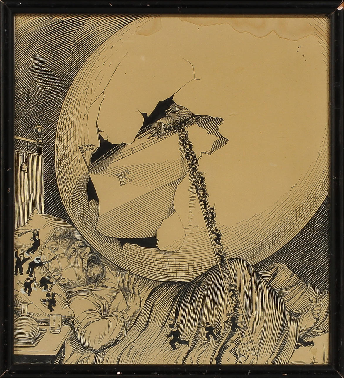 EDVARD AUGUST FORSSTRÖM. Mardröm om pansarbåten F. Tuschteckning, signerad.