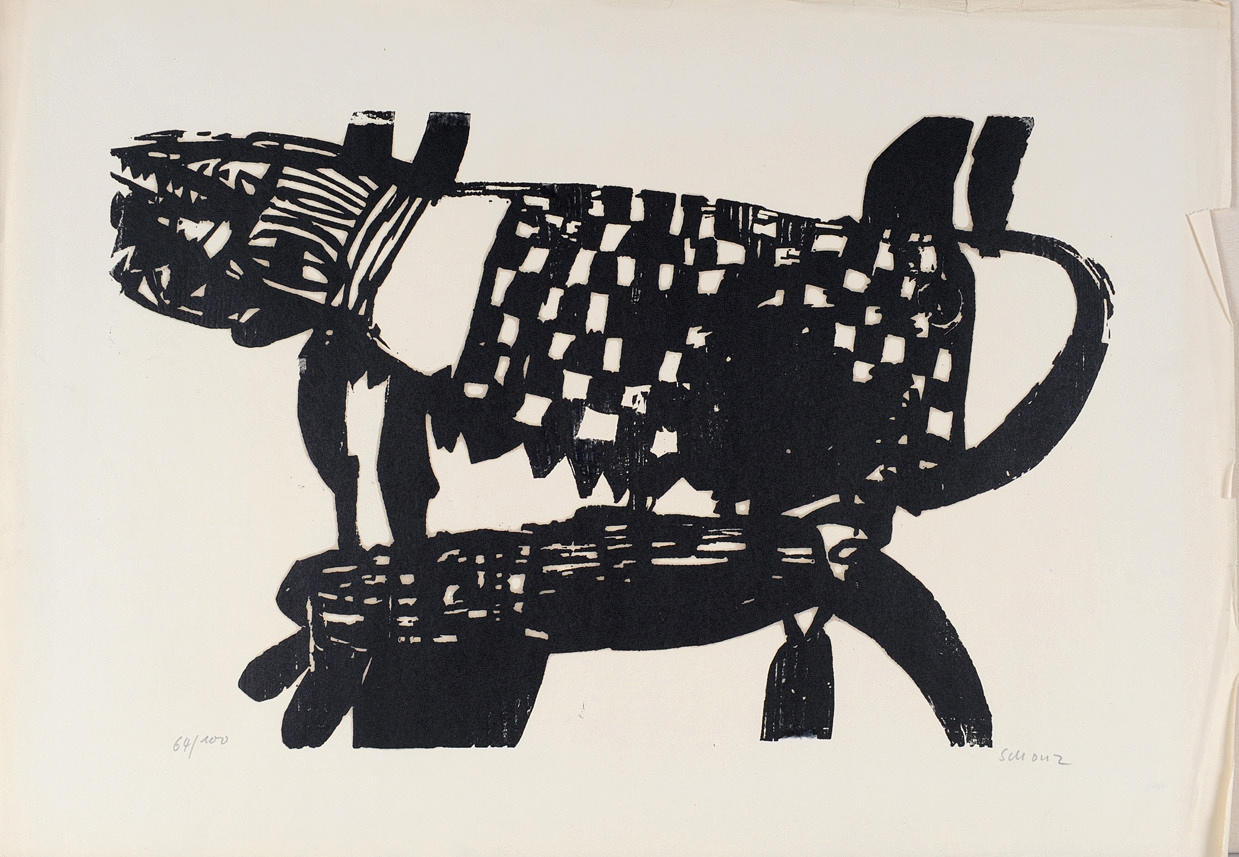 SCHONZ. Litografi föreställande levande varelse, signerad & numrerad.