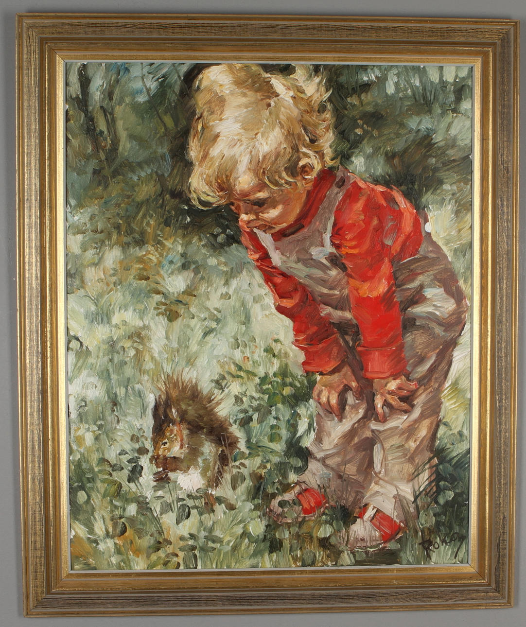CHARLES ROKA. Barn med ekorre, olja på duk, signerad.