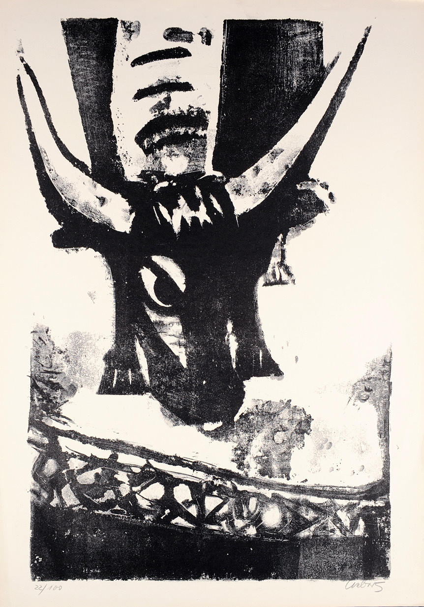 ABSTRAHIERTE GRAFIK. Darstellung eines Stiers in der Arena, wohl Lithographie. Signiert.