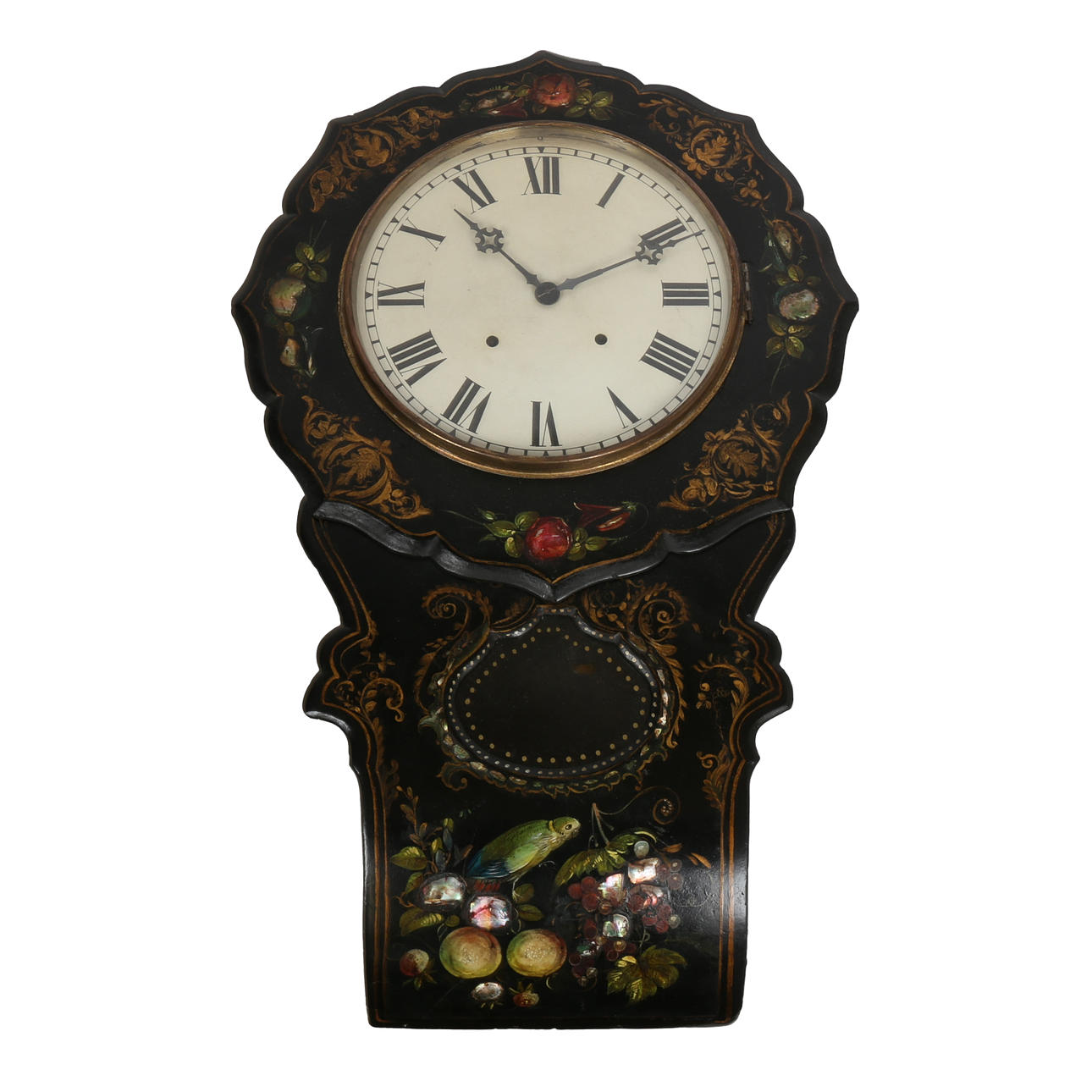 A VICTORIAN PAPIER MACHE WALL CLOCK.