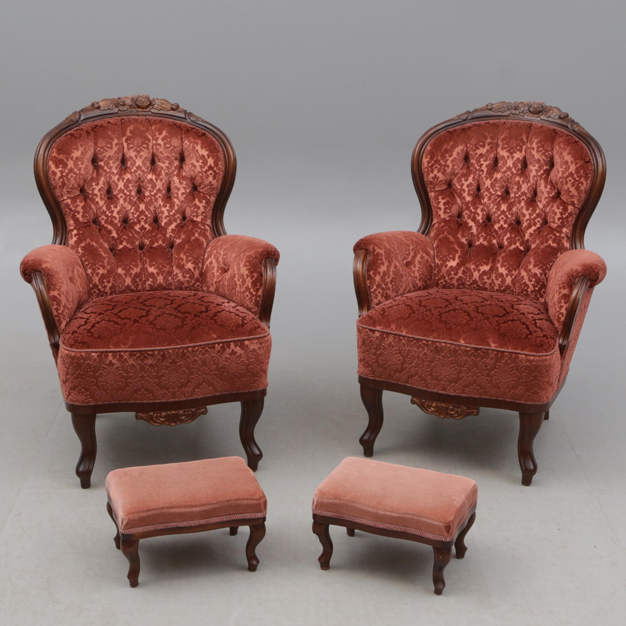2 armchairs, with 2 footstools, Alsterbro, signed P Söderberg.