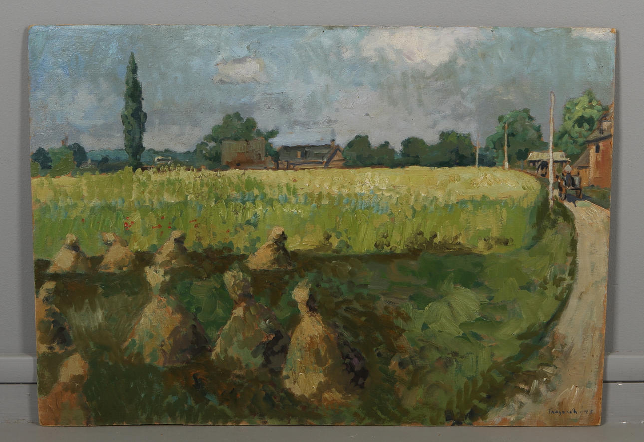 BJÖRN TRÄGÅRDH. Landsväg med hus, olja på pannå, signerad och daterad -45.