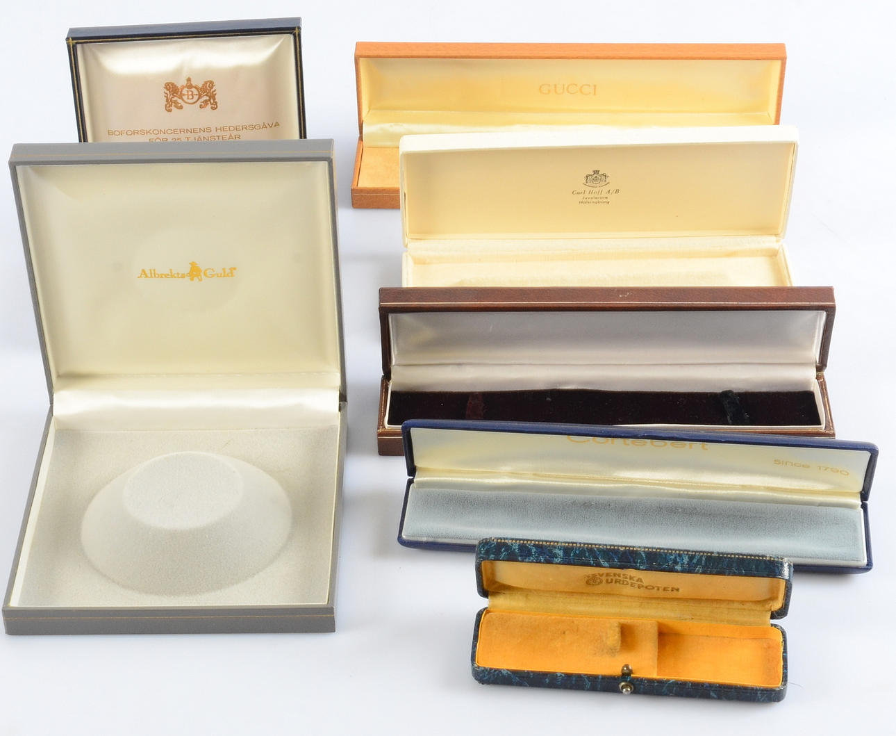 KLOCKBOXAR OCH SMYCKESETUIER, 7 stycken.