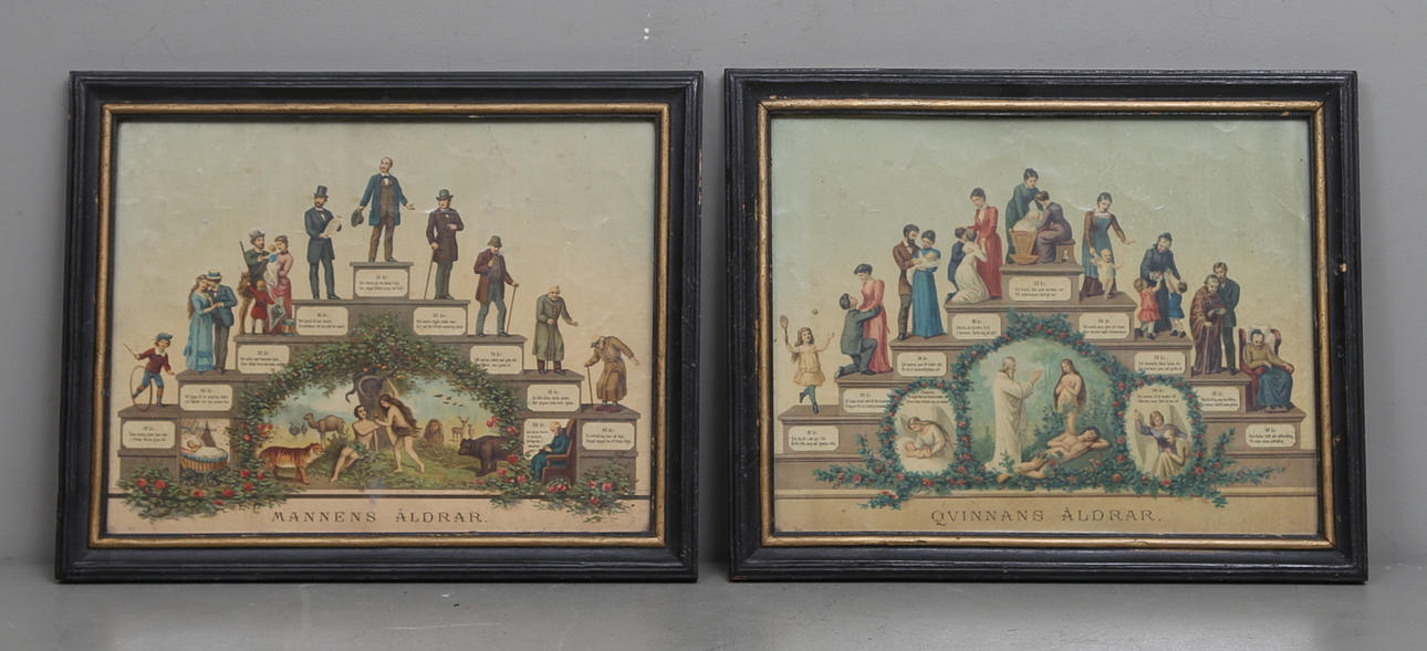 OLJETRYCK, 2 st, ålderstrappor, omkring 1900.