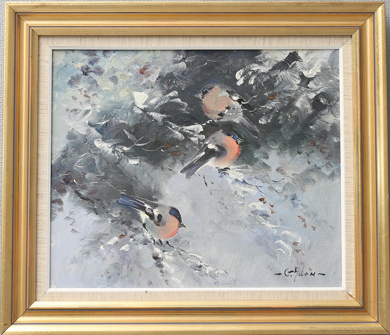 GUSTAV ADON. "Domherre", olja på duk, signerad.