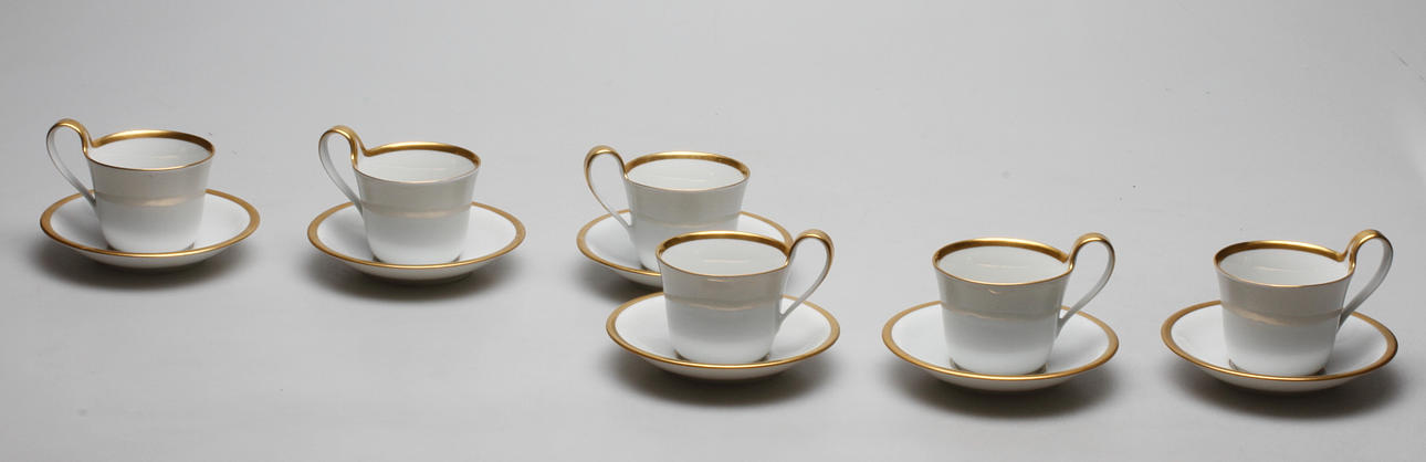 KAFFEKOPPAR MED FAT, 6 st, porslin, "Golden Sun", Sigvard Bernadotte, Royal Copenhagen.