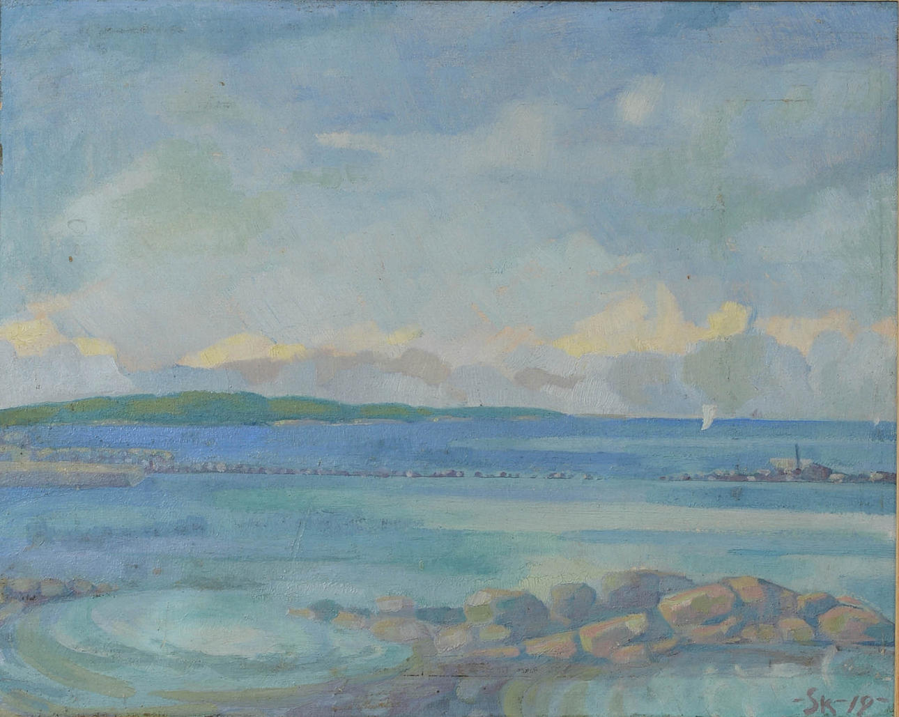 OIDENTIFIERAD KONSTNÄR. Coastal motif, oil on panel, signed SK -19.
