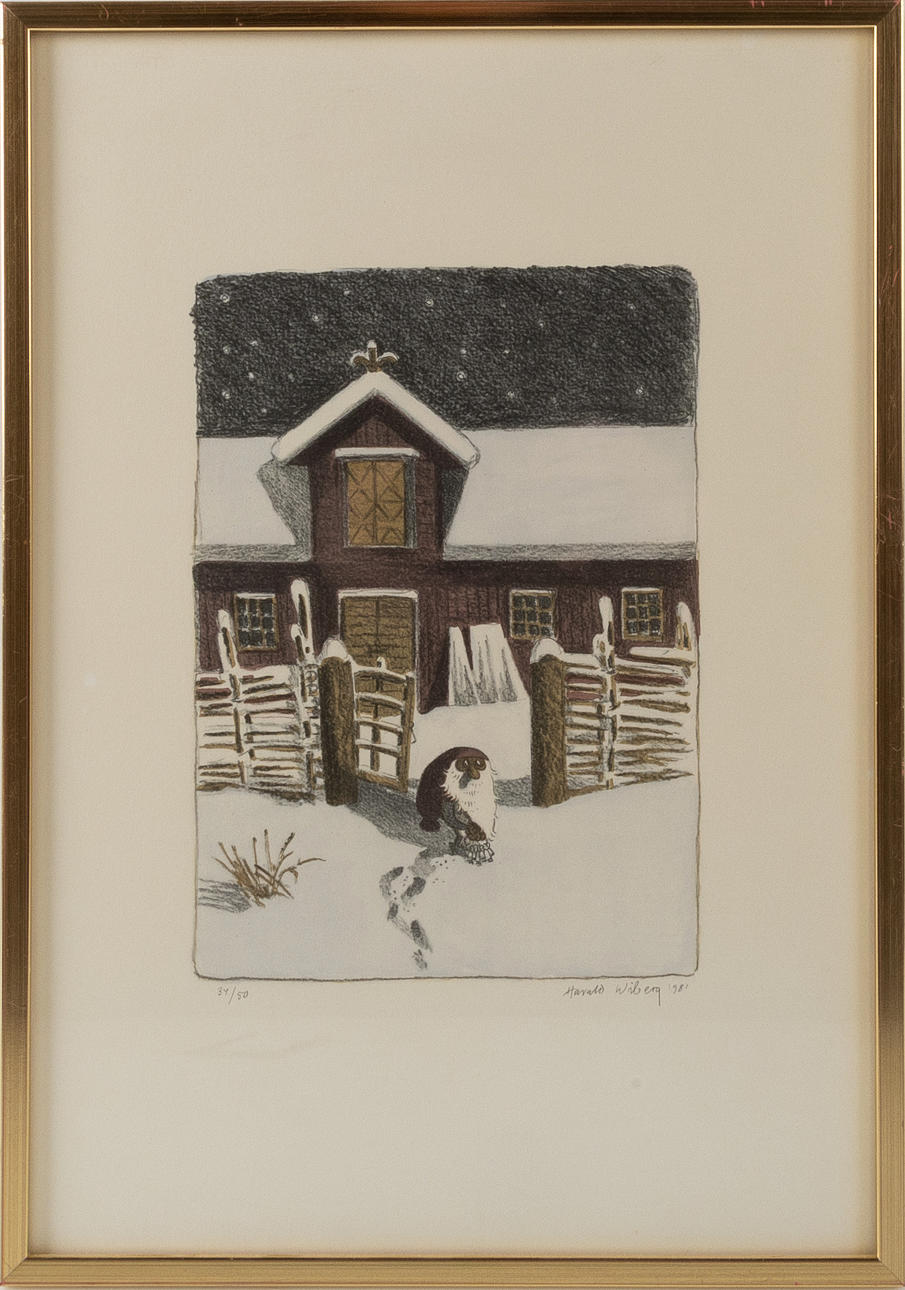 HARALD WIBERG. Tomte i vinterlandskap, litografi.