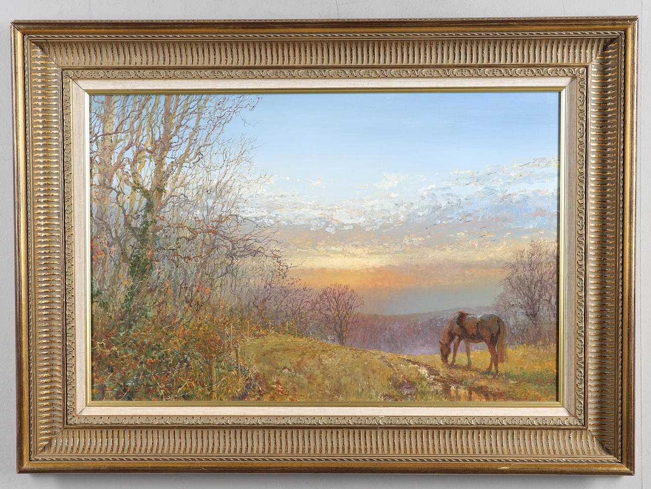 MICHAEL LEES (CONTEMPORARY). A HORSE GRAZING AT SUNSET.