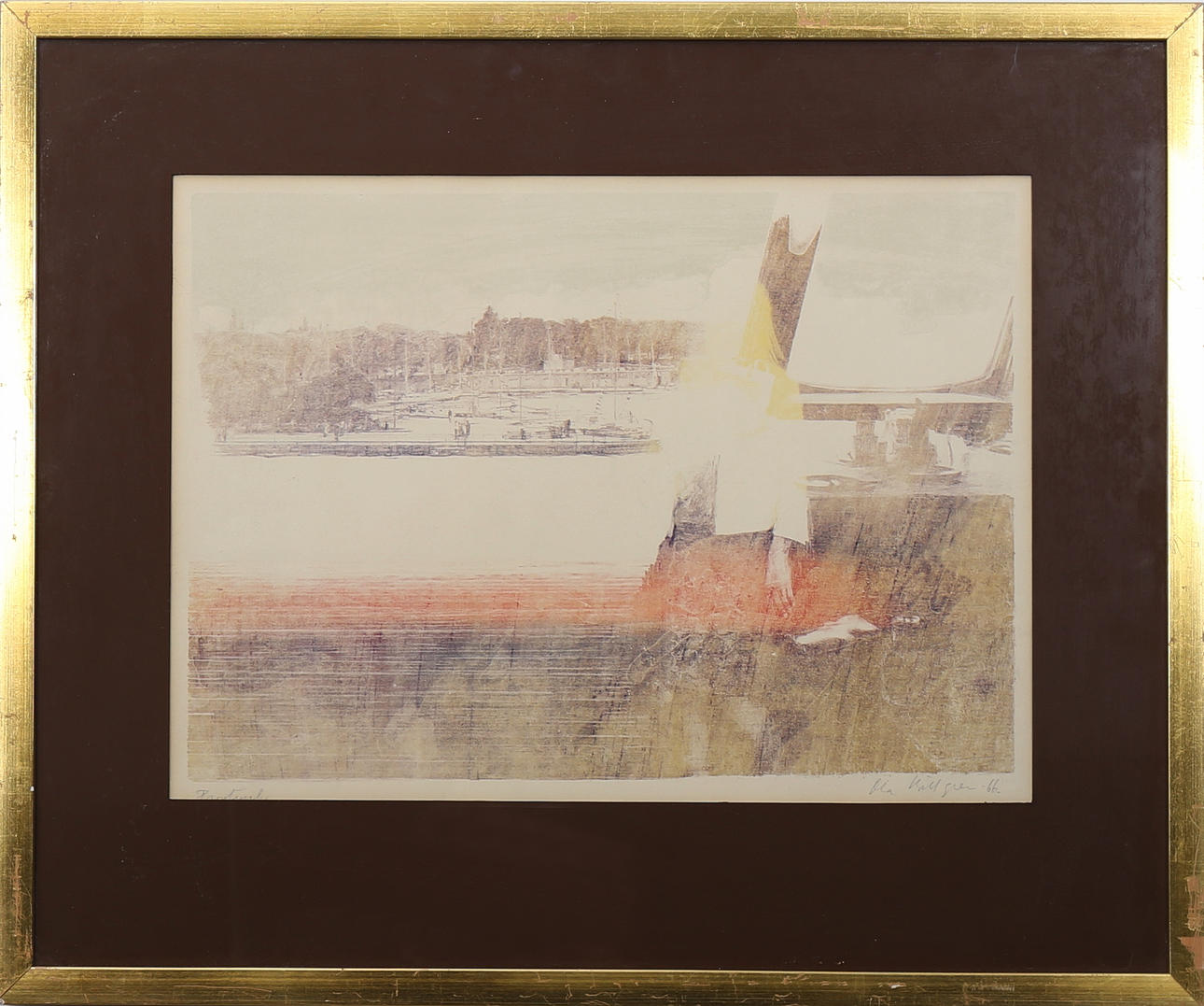 OLA BILLGREN. Hamnbild med stående kvinna, färglitografi, provtryck, signerad och datrad -66.