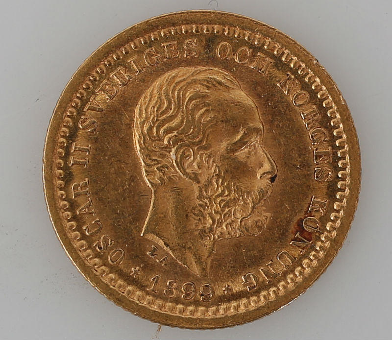 MYNT, guld, 5 kronor, Oscar II, Sverige, 1899, 2,2 gram.