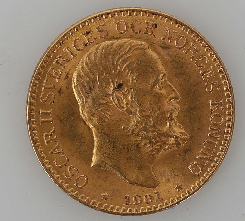 MYNT, guld, 10 kronor, Oscar II, Sverige, 1901, 4,4 gram.