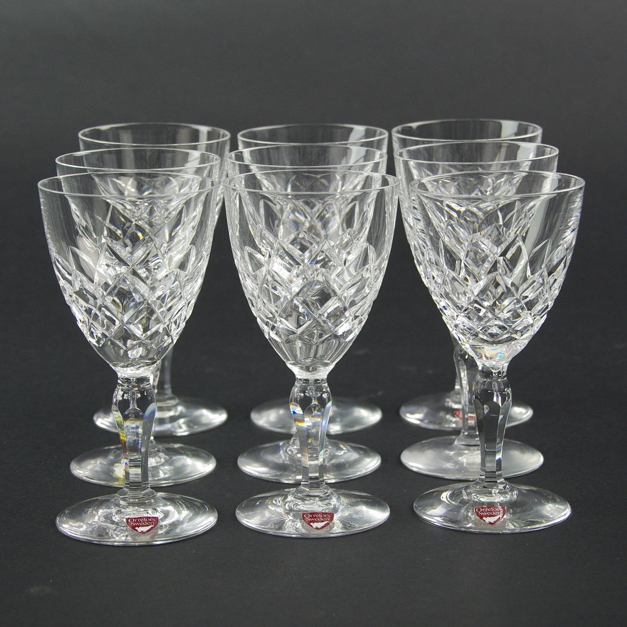 VINGLAS, 9 stycken, "Karolina", Gunnar Cyrén, Orrefors.