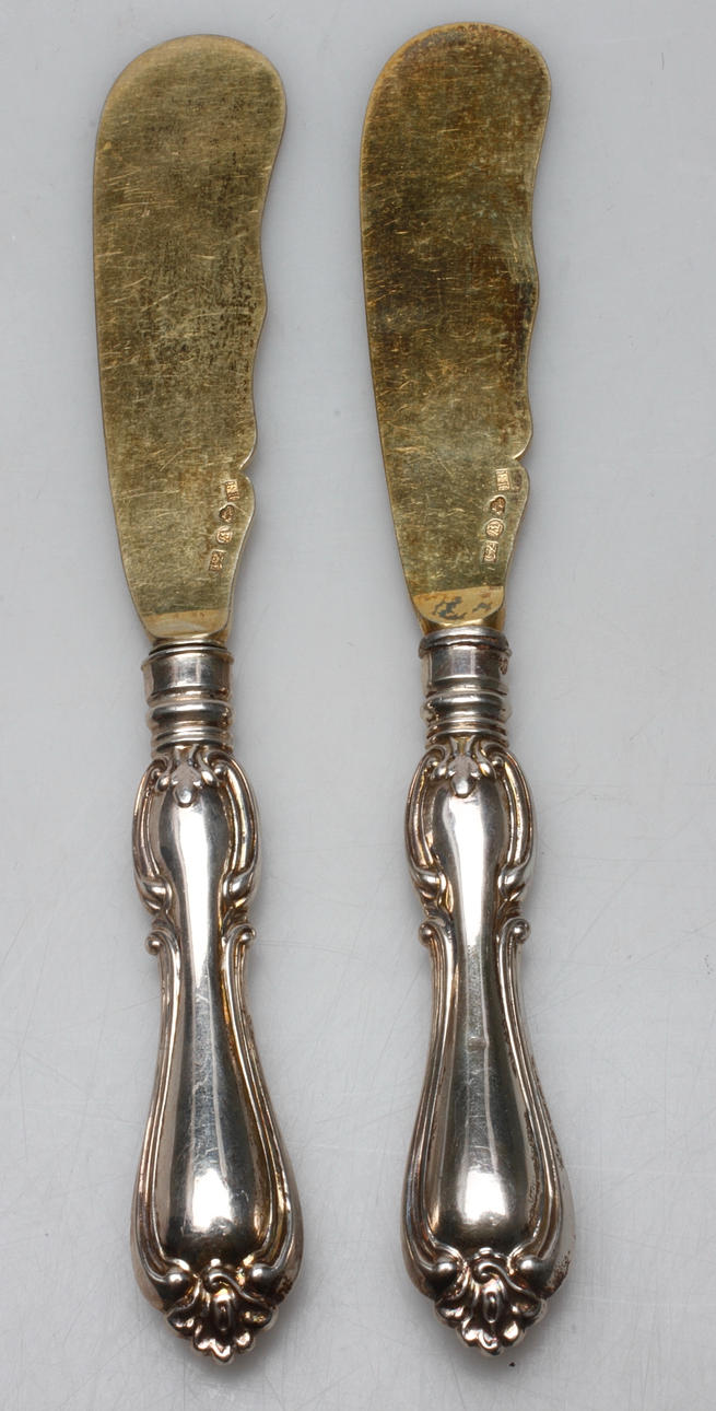 SMÖRKNIVAR, 2 st, Frans Holm, 1878, Vadstena, Silver.