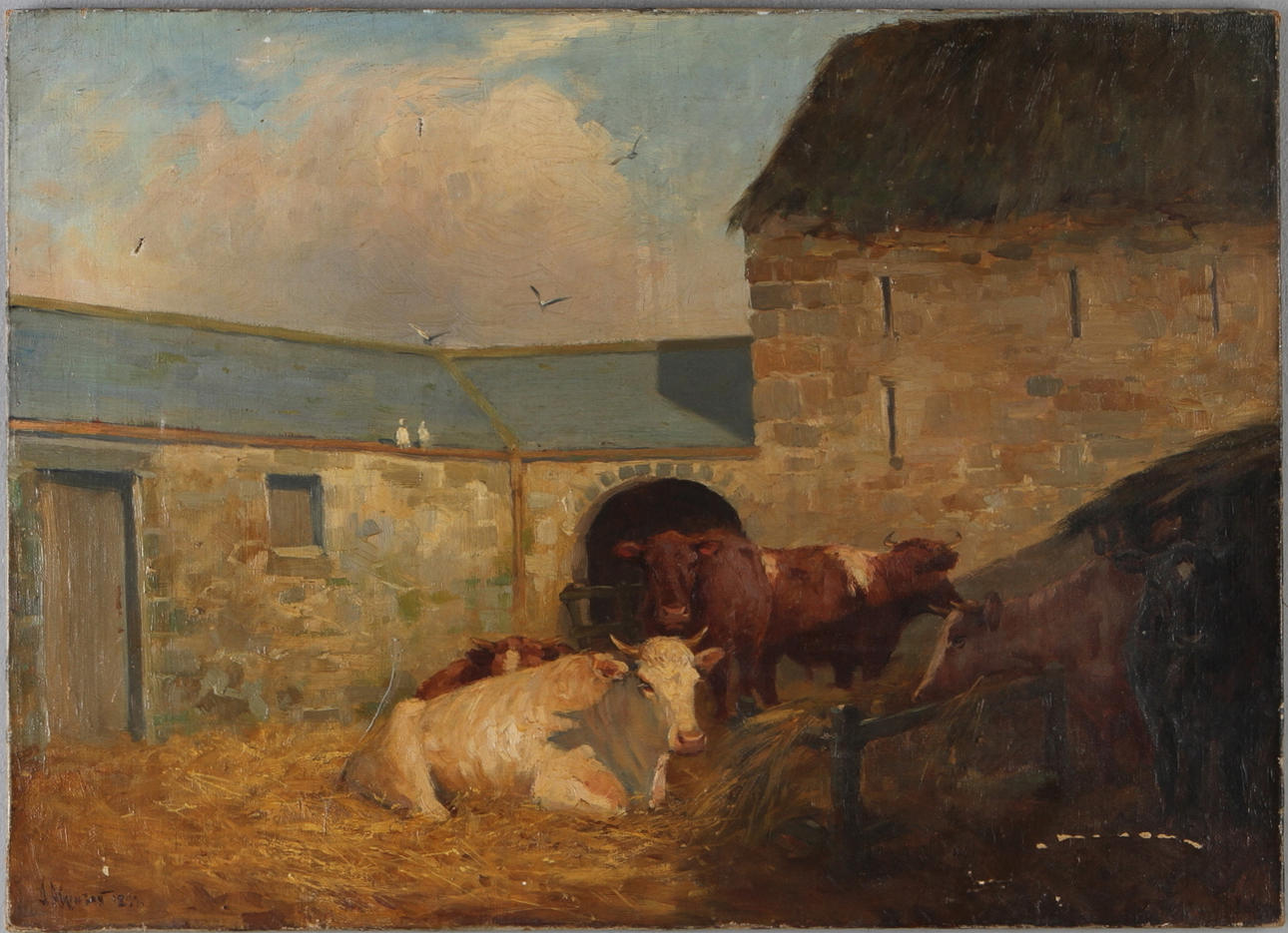 JOHN ATKINSON. Gårdsmotiv med kor, olja på duk, signerad och daterad 1899.