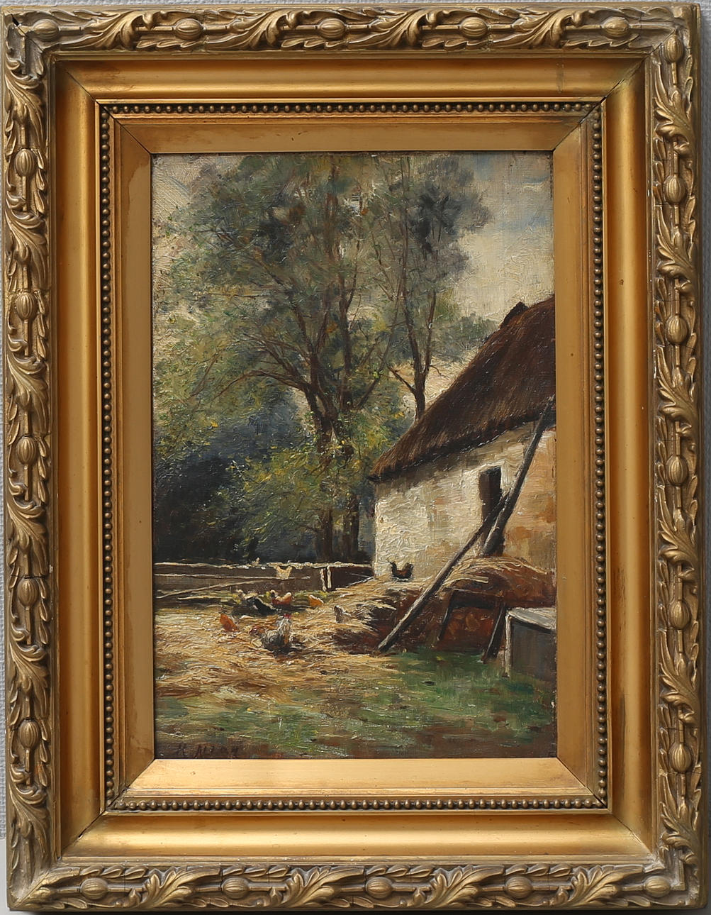 HENRY ALLAN. Gårdsmotiv med höns. Olja på duk, signerad.
