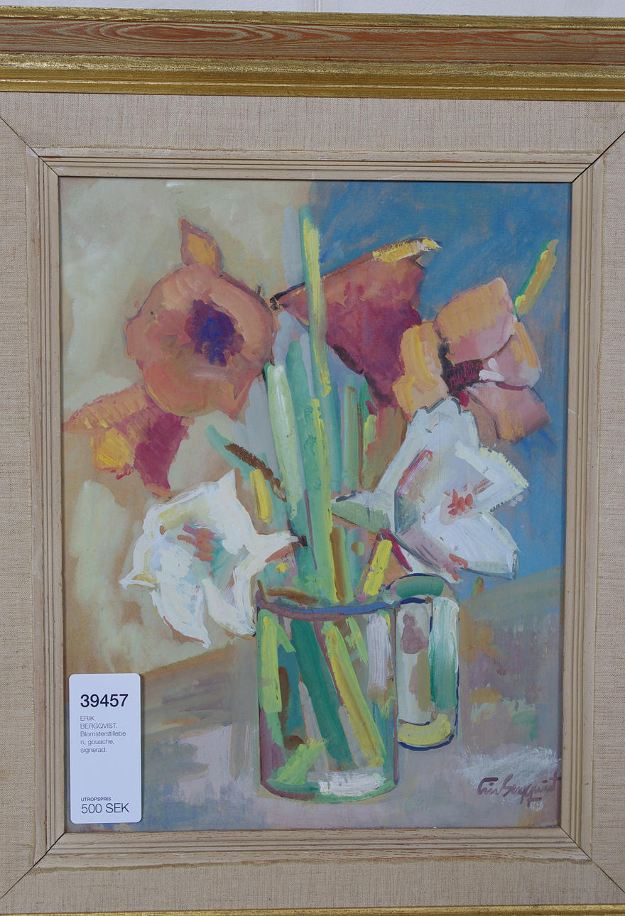 ERIK BERGQVIST. Blomsterstilleben, gouache, signerad.