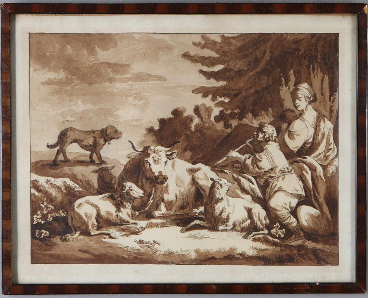 OIDENTIFIERAD KONSTNÄR. Figurscen, tuschlavering, 17/1800-tal.