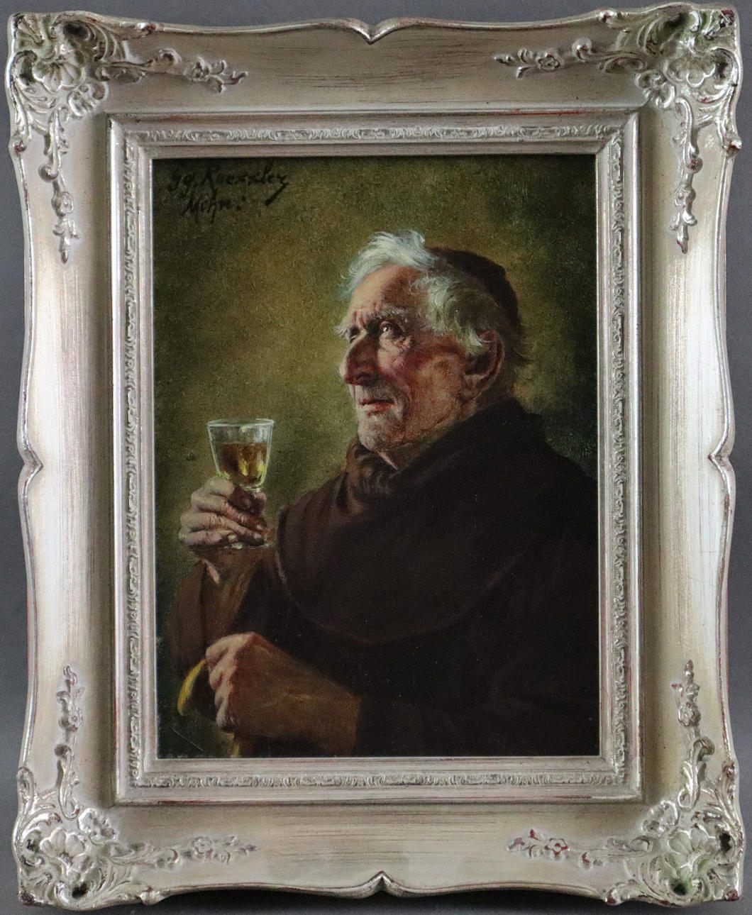 - ROESSLER, GEORG. - Mönch mit Weinglas, Öl auf Holzplatte.