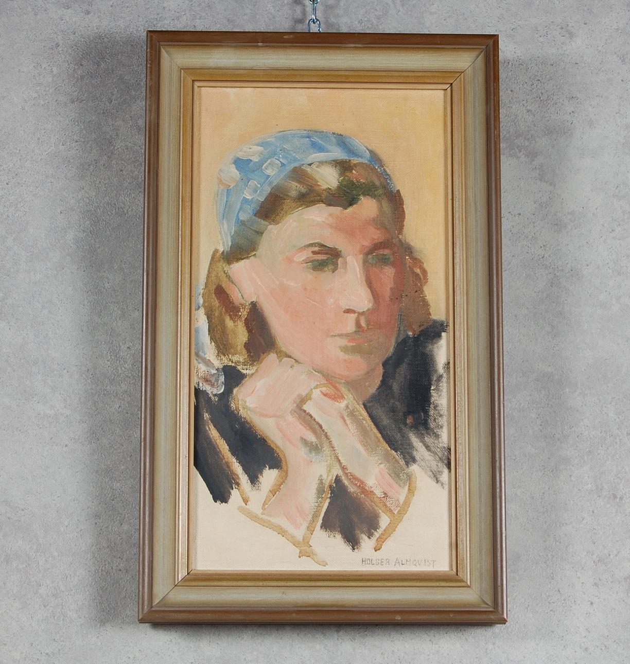HOLGER  ALMQVIST. olja på pannå, enligt uppgift, konstnärens hustru, signerad.