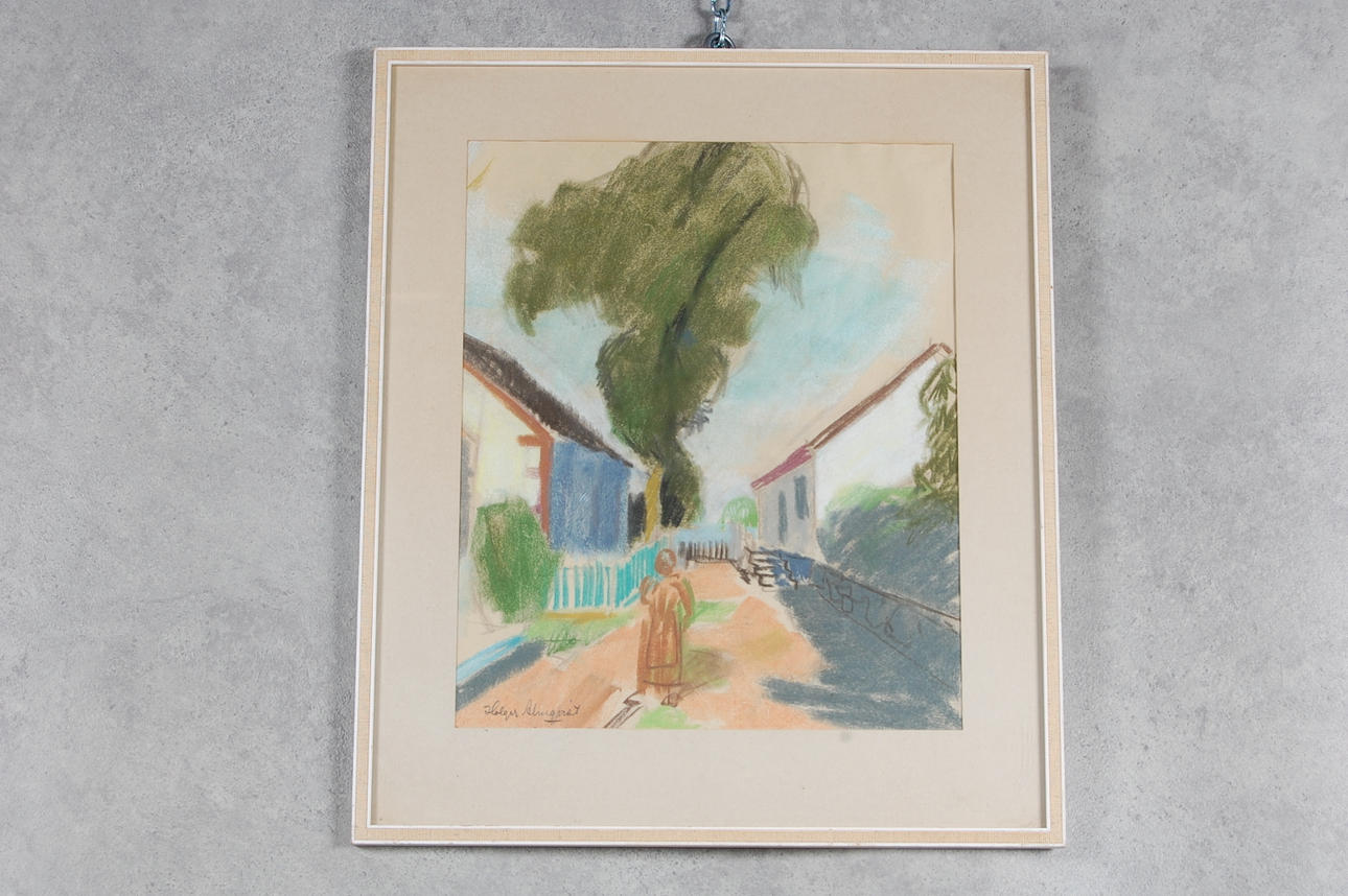 HOLGER  ALMQVIST. pastell, " Bygata på Österlen".