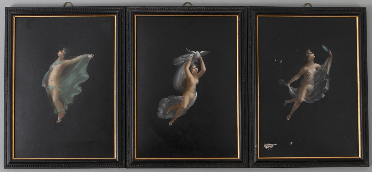 OIDENTIFIERAD KONSTNÄR. 3 st, Kvinnomotiv, blandteknik, Italien, omkring 1900.