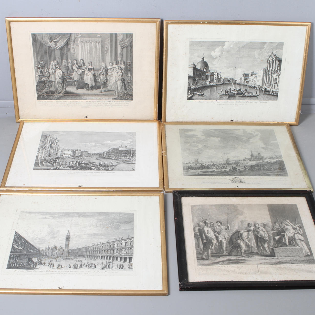 ÄLDRE GRAVYRER, 6 st, bla efter. Watteau, Brustoloni och Poussin, 17/180O-tal.